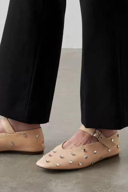 Faux Leather Crystal-Embellished Buckled Ballet Flats - Nude