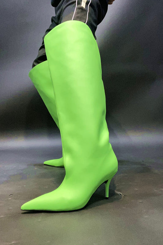 Bucket Point Toe Over The Knee Stiletto Heeled Boots - Lime
