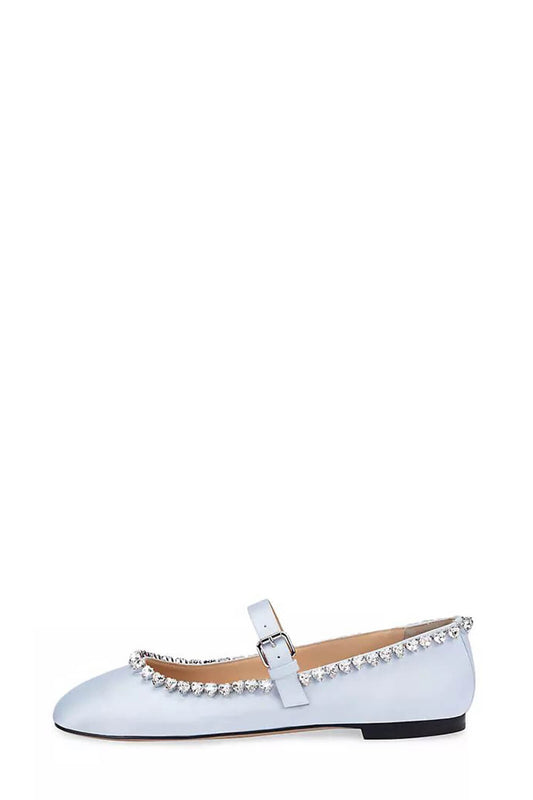 Crystal-Embellished Satin Mary Jane Ballet Flats - Light Blue