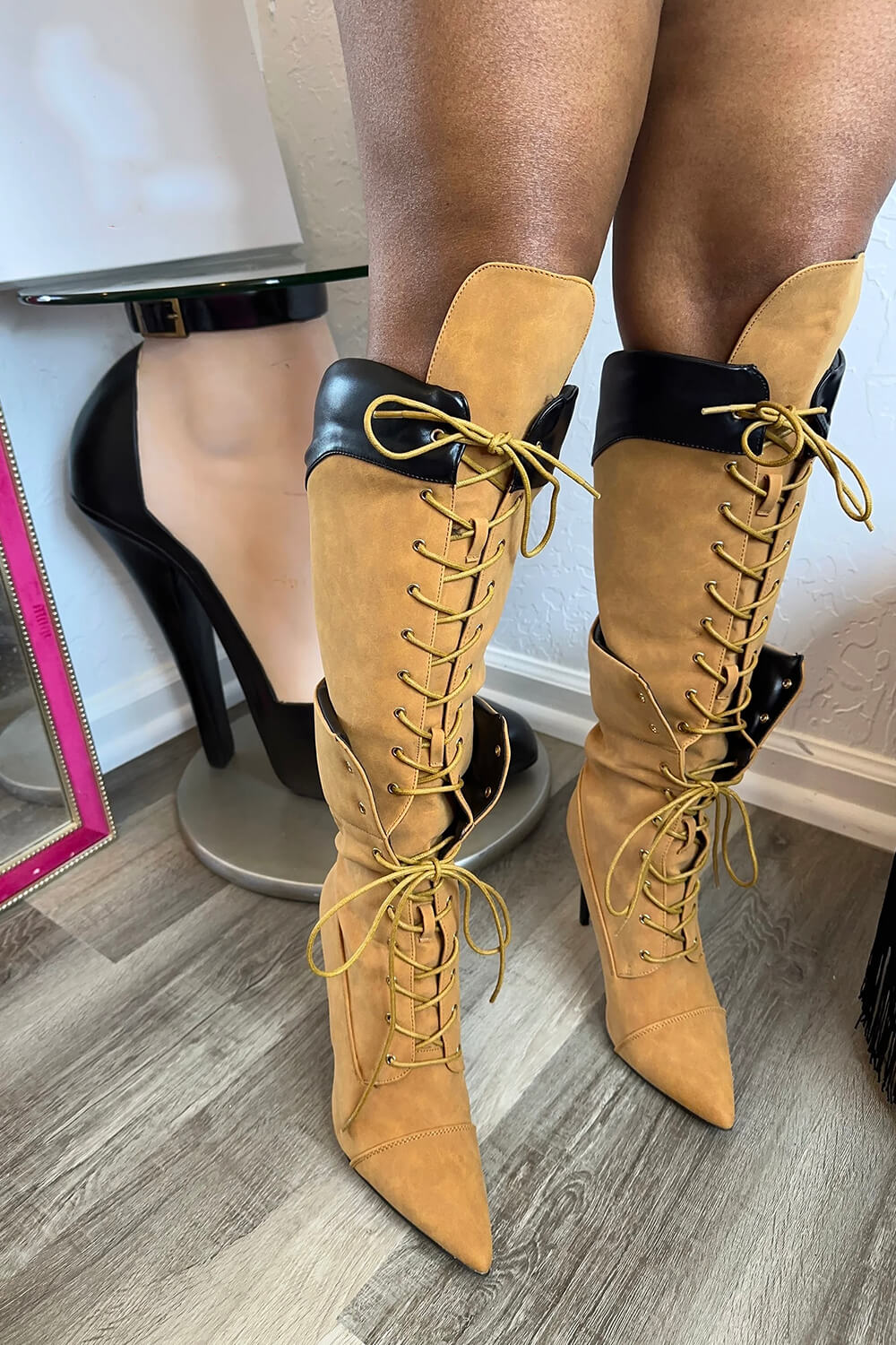 Lace Up Pointed Toe Knee High Stiletto Boots - Bronze