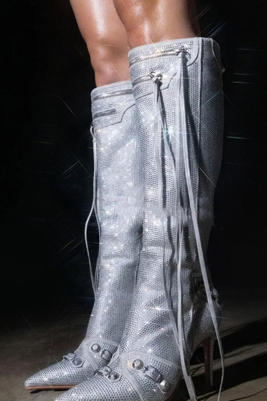 Rhinestone Embellished Faux Suede Knee High Pointed Toe Stiletto Boots With Studs And Pin Buckle Strap Details - Silver