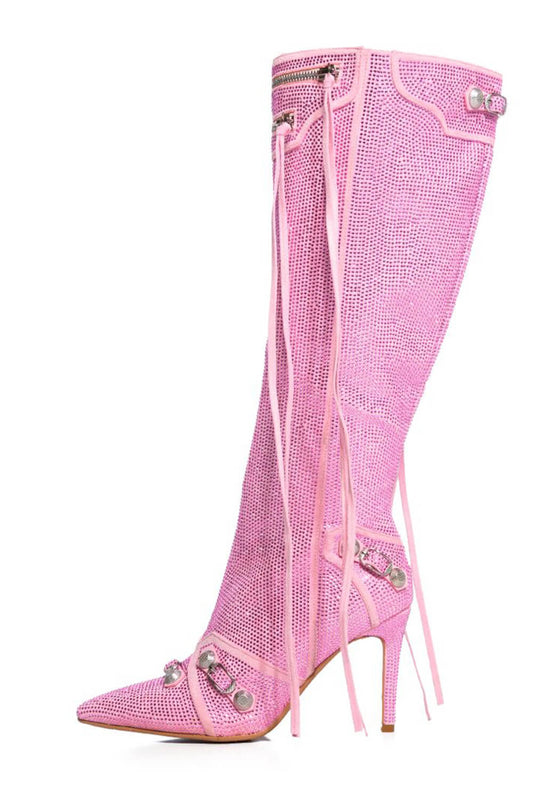 Rhinestone Embellished Faux Suede Knee High Pointed Toe Stiletto Boots With Studs And Pin Buckle Strap Details - Pink