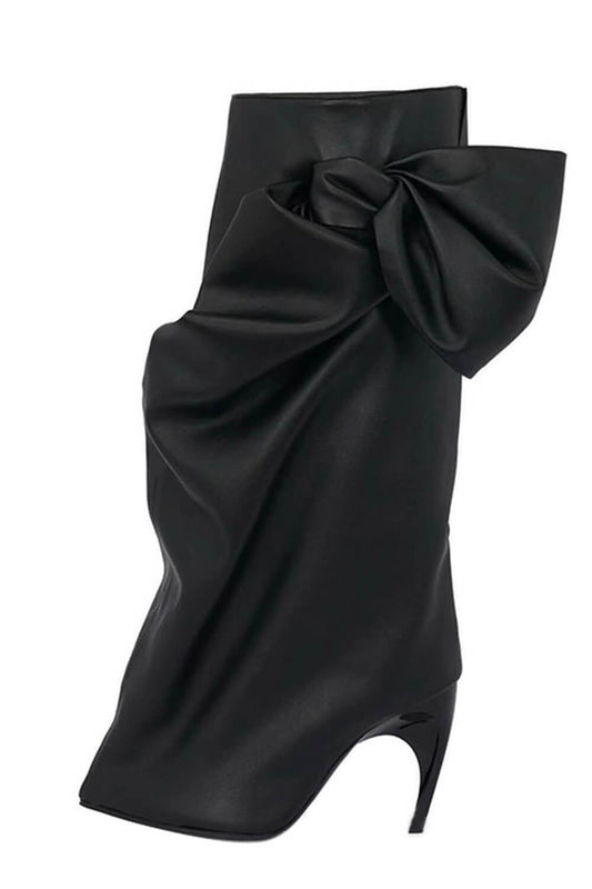 Black Faux Leather Bow Sculptural Pointed Toe Stiletto Boots