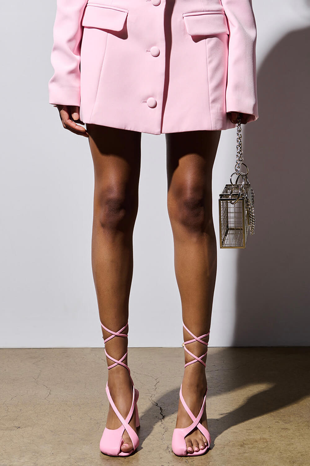 Assymetrical Lace Up Block Heeled Sandals - Pink