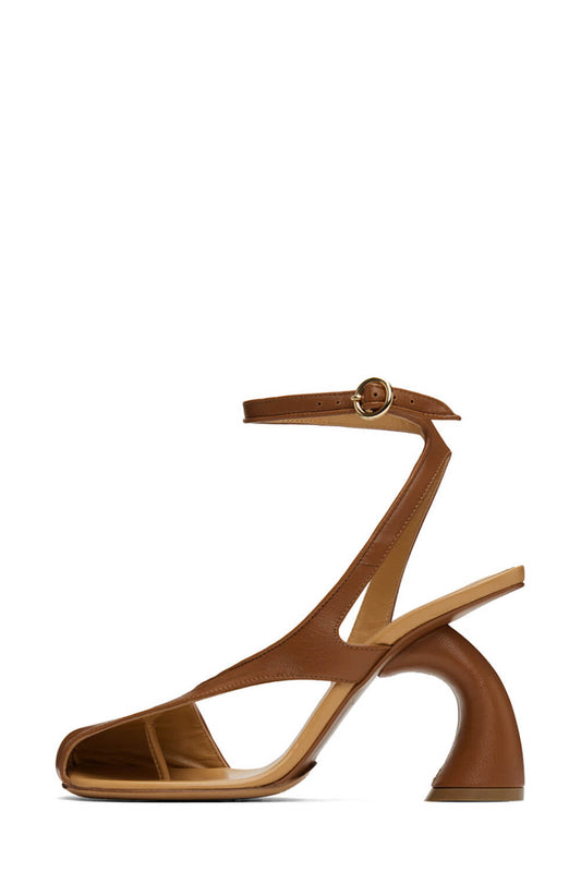 Assymetrical Cut Out Ankle Heeled Sandals - Tan