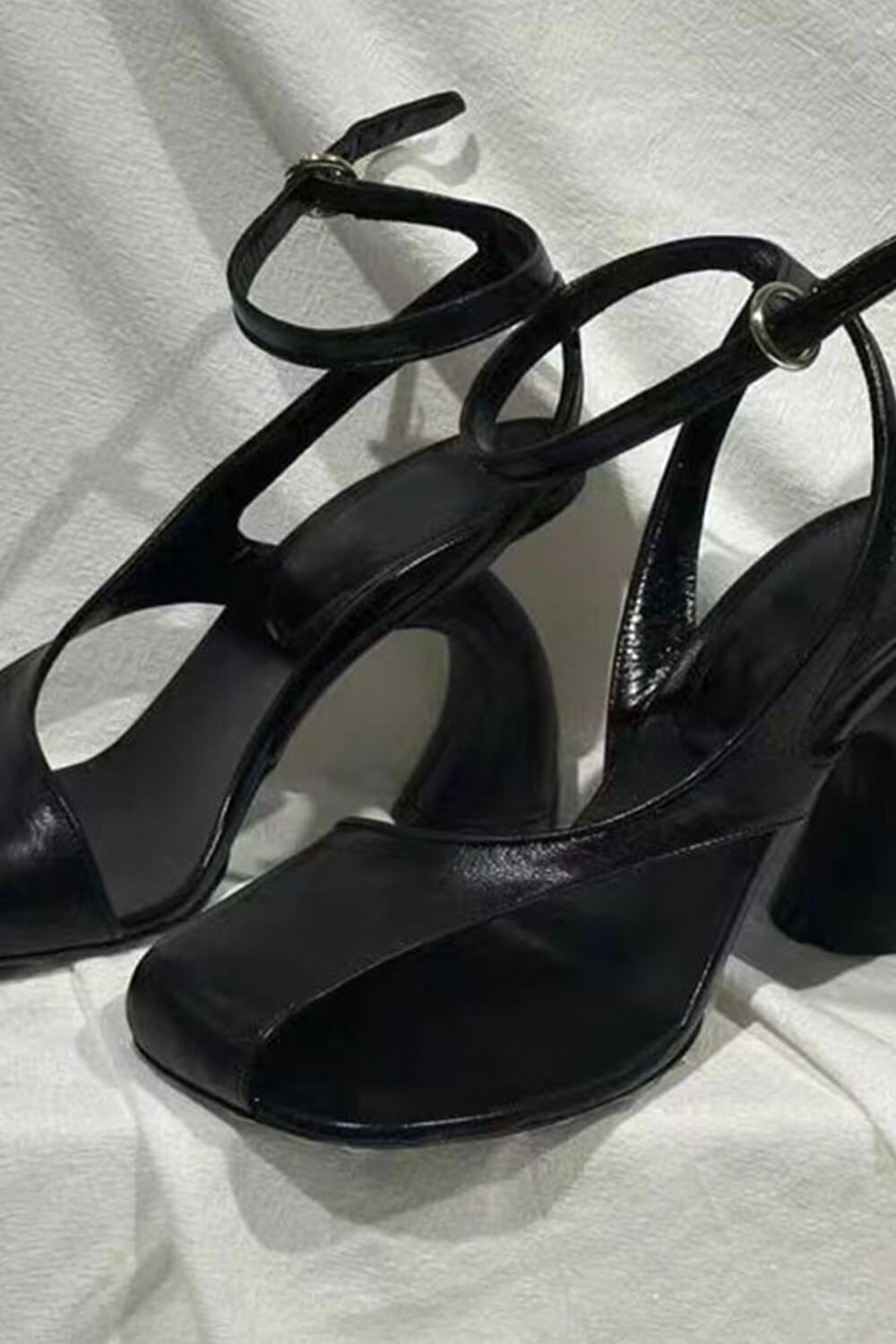 Assymetrical Cut Out Ankle Heeled Sandals - Black