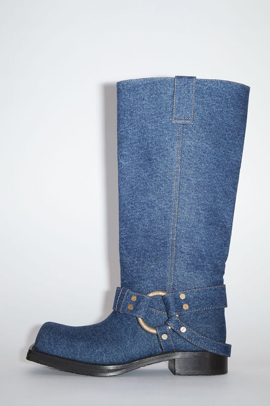 Denim Buckle Mid-Calf Chunky Biker Boots - Blue