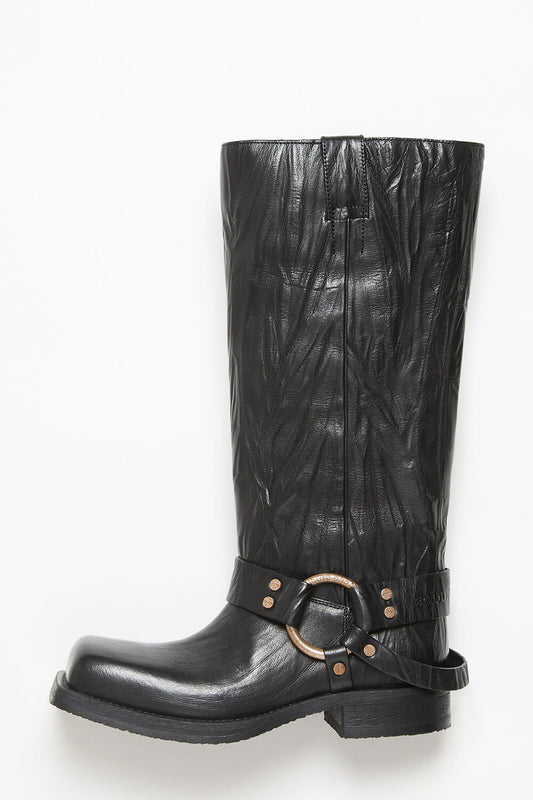 Faux Leather Crinkled Buckle Mid-Calf Chunky Biker Boots - Black