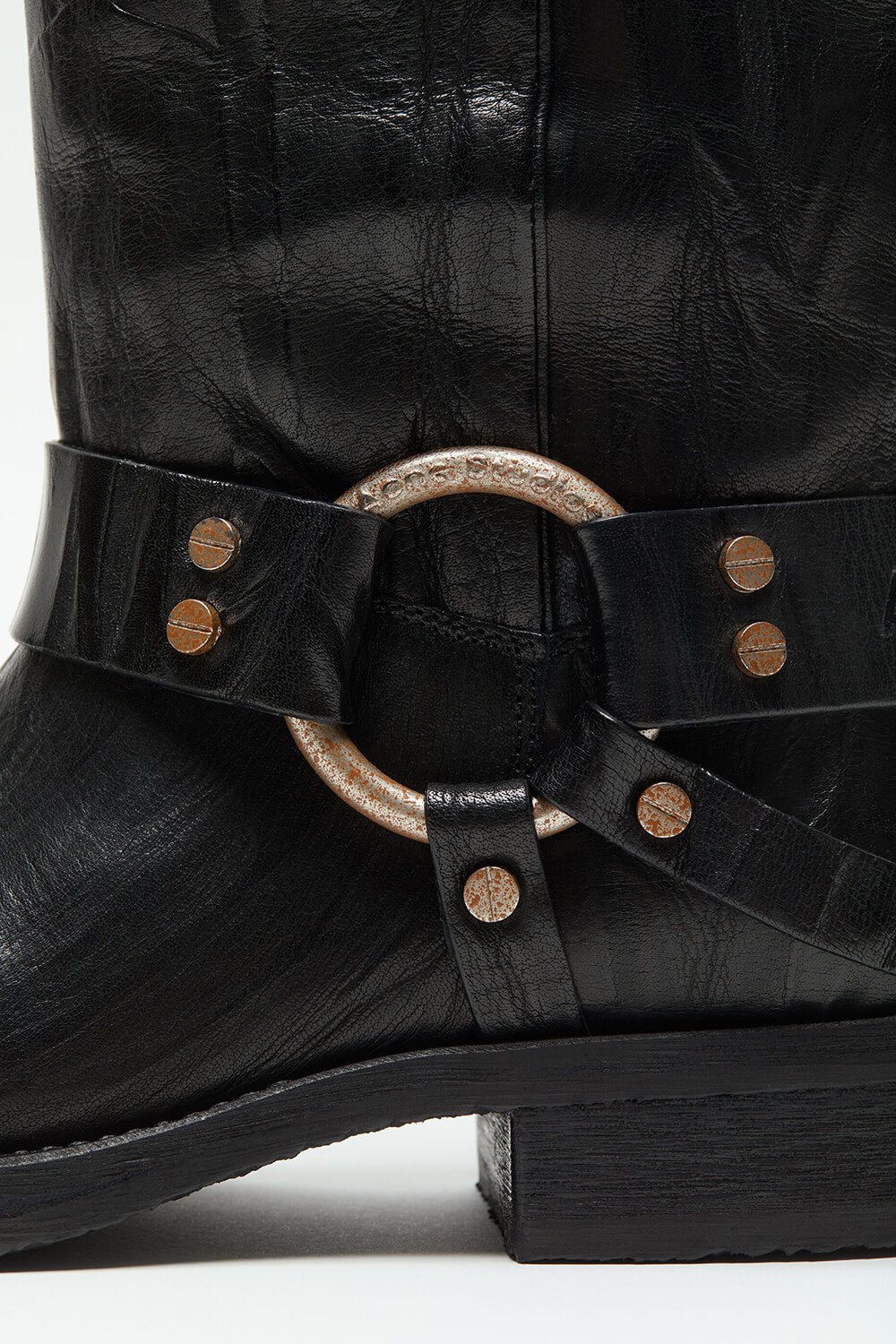 Faux Leather Crinkled Buckle Mid-Calf Chunky Biker Boots - Black