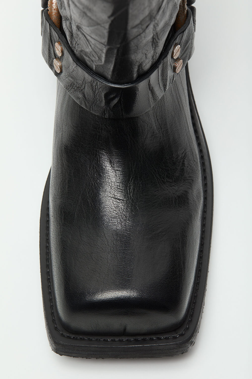 Faux Leather Crinkled Buckle Mid-Calf Chunky Biker Boots - Black