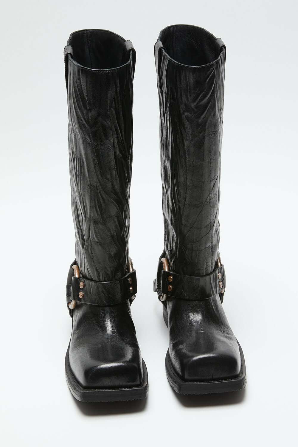 Faux Leather Crinkled Buckle Mid-Calf Chunky Biker Boots - Black