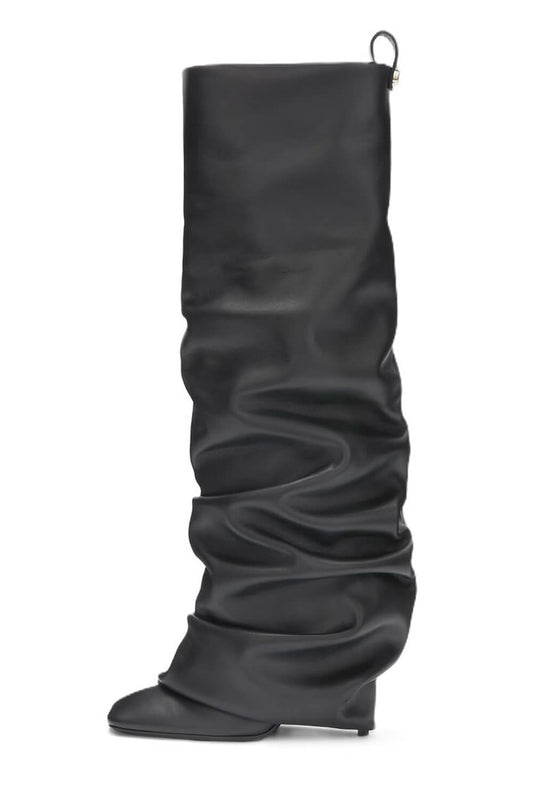 Faux Leather Square Toe Folded Knee-High Boots - Black