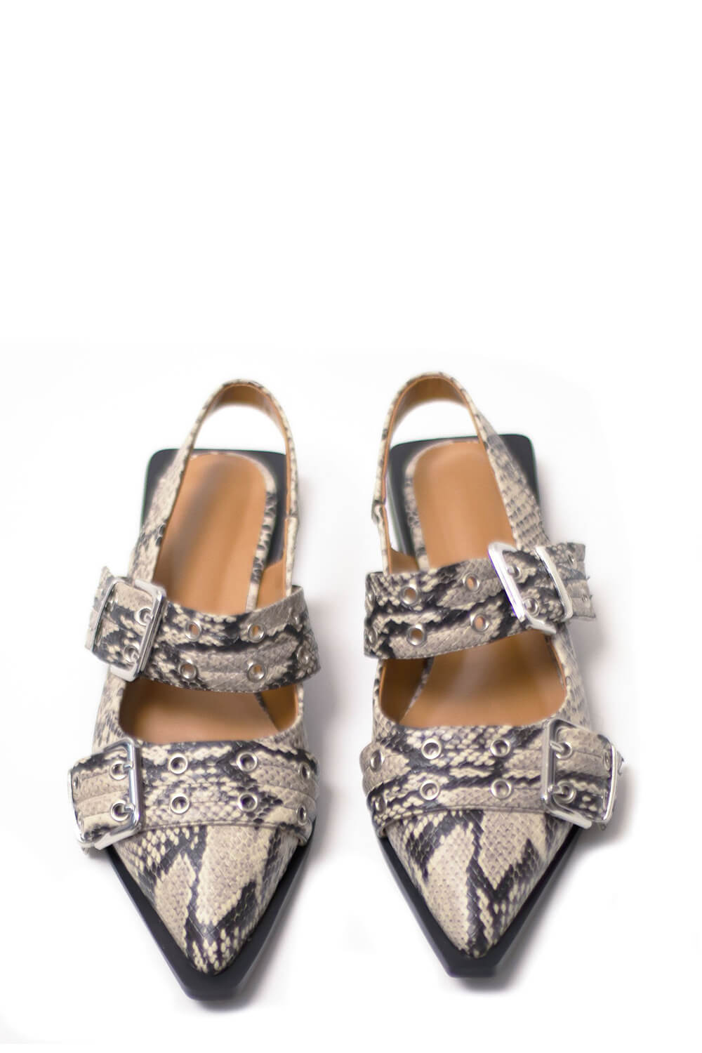 Buckle Pointed Toe Slingback Flats - Snake Print