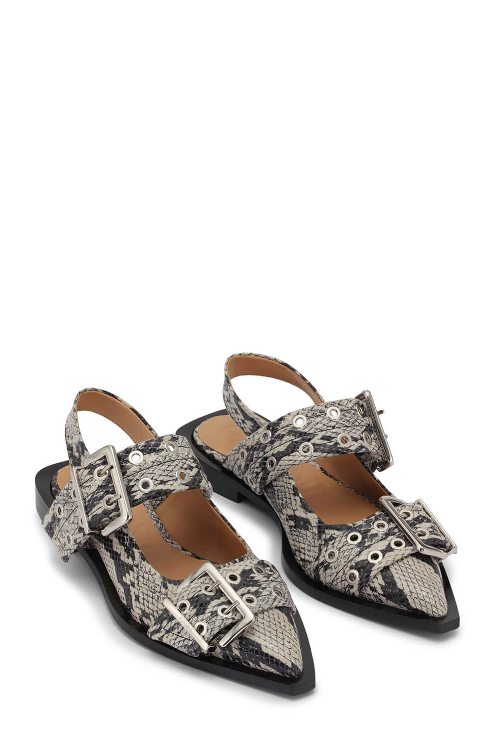 Buckle Pointed Toe Slingback Flats - Snake Print