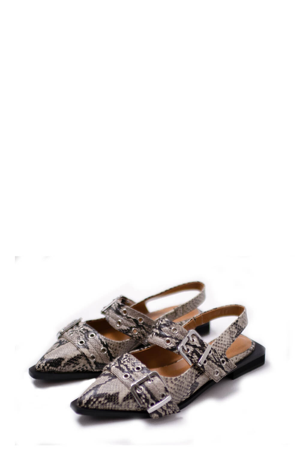 Buckle Pointed Toe Slingback Flats - Snake Print