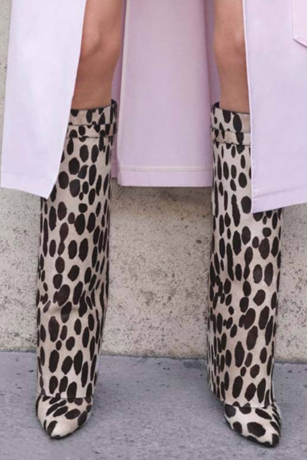 Cow Padlock Detail Folded Wedge Heel Knee High Long Boots