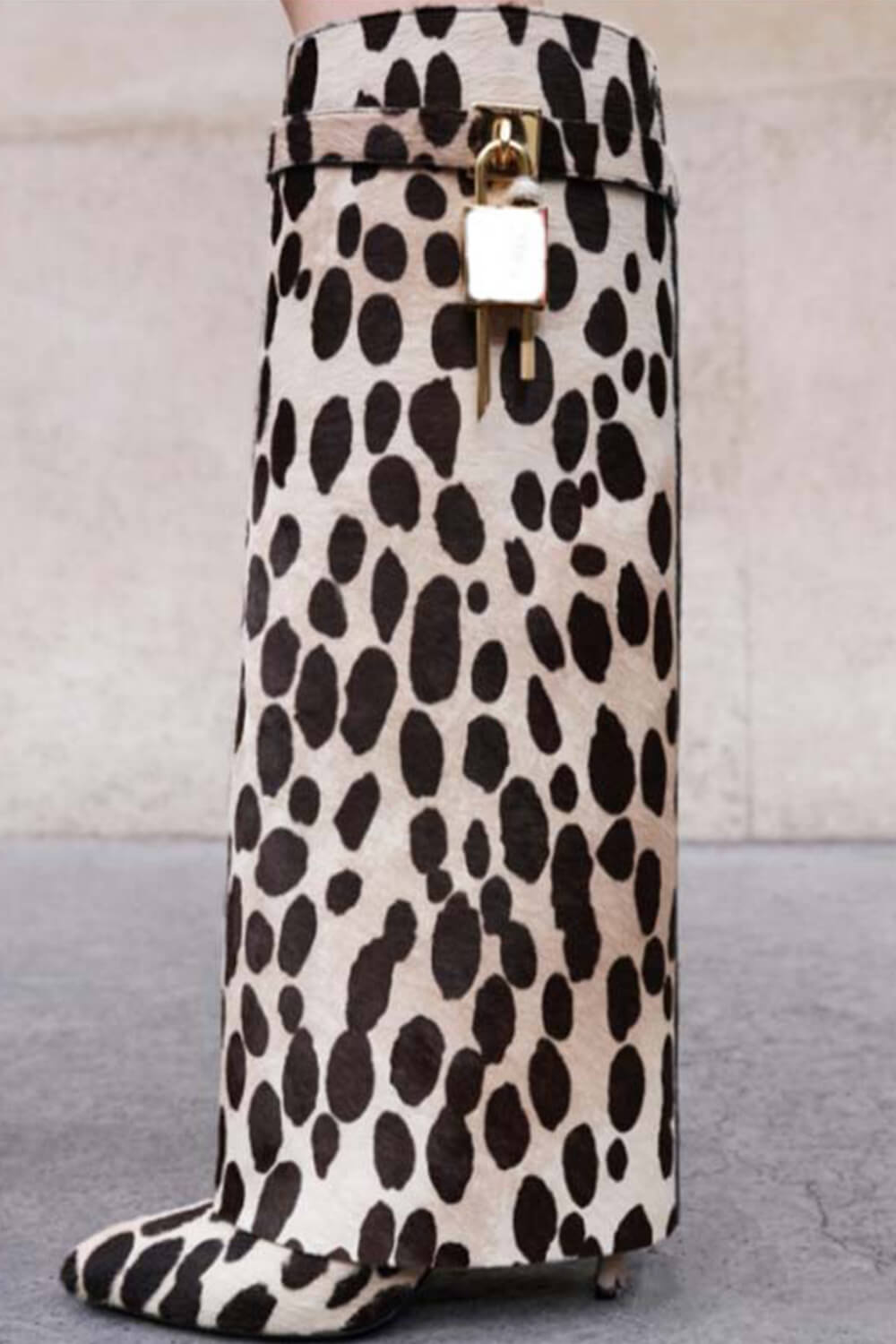 Cow Padlock Detail Folded Wedge Heel Knee High Long Boots