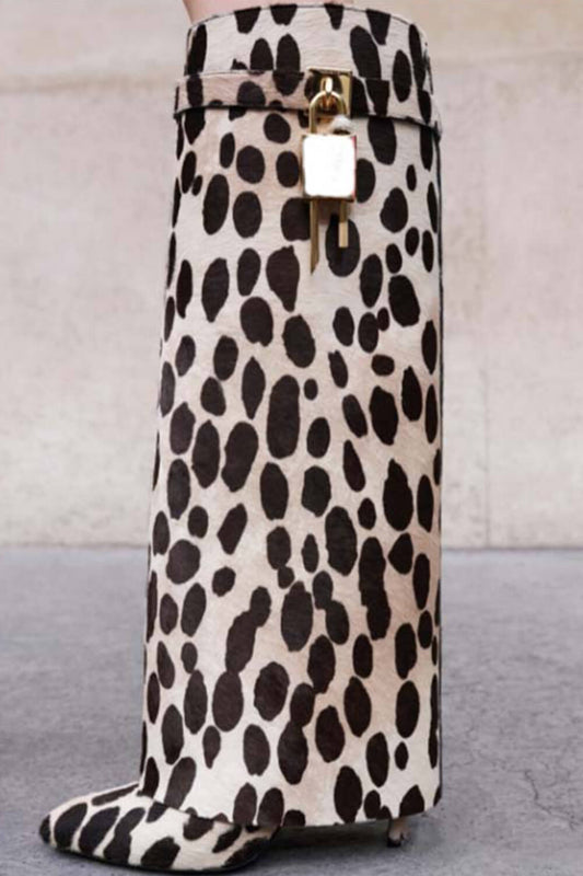 Cow Padlock Detail Folded Wedge Heel Knee High Long Boots