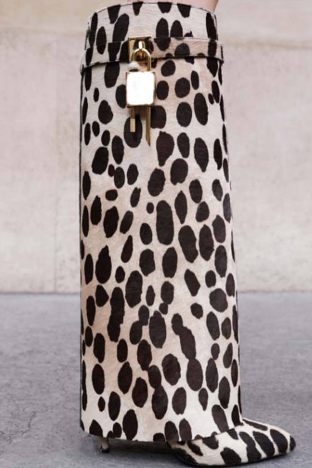 Cow Padlock Detail Folded Wedge Heel Knee High Long Boots
