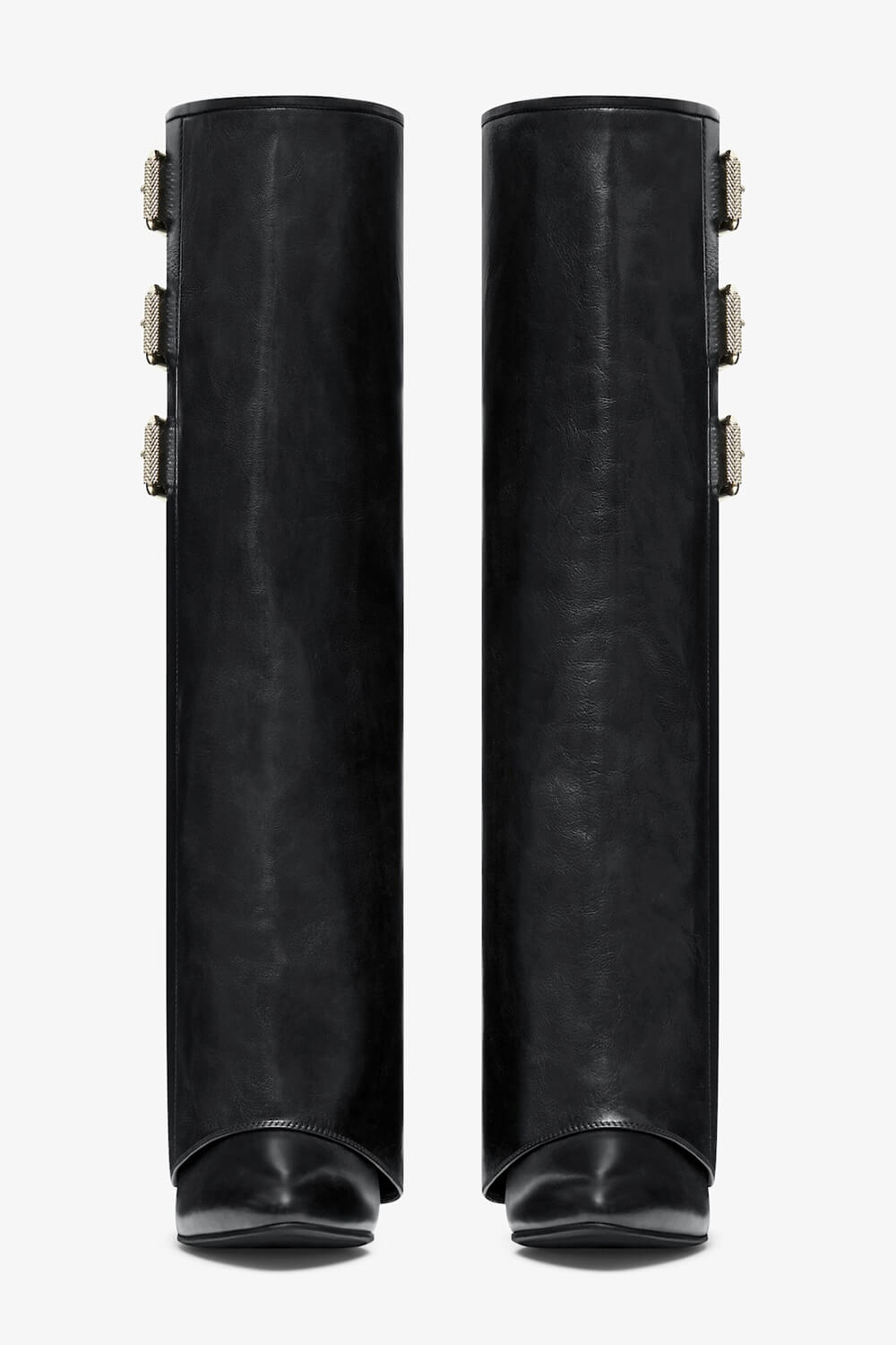 Buckles Detail Folded Wedge Heel Knee High Long Boots - Black