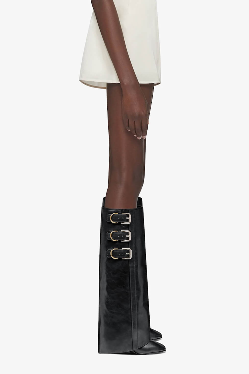 Buckles Detail Folded Wedge Heel Knee High Long Boots - Black