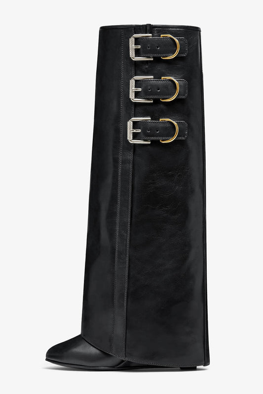 Buckles Detail Folded Wedge Heel Knee High Long Boots - Black