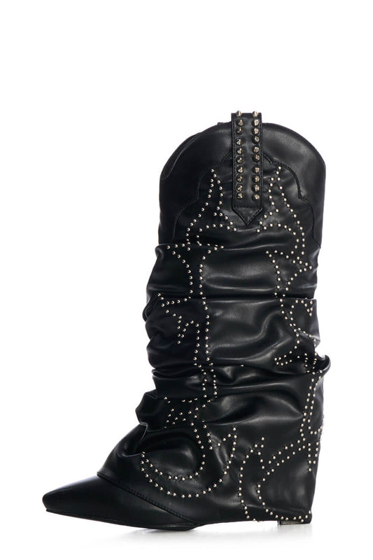 Studded Fold Over Mid-Calf Wedge Heel Ruched Cowboy Western Boots - Black