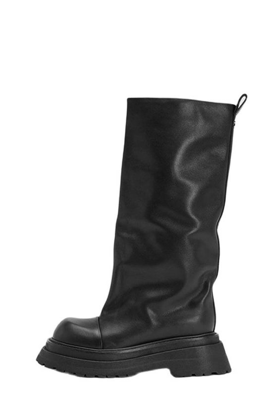 Black Faux Leather Knee High Platform Combat Boots