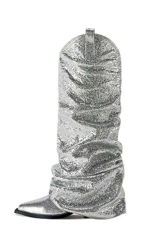 Metallic Silver Foldover Scrunch Shaft Western Booties