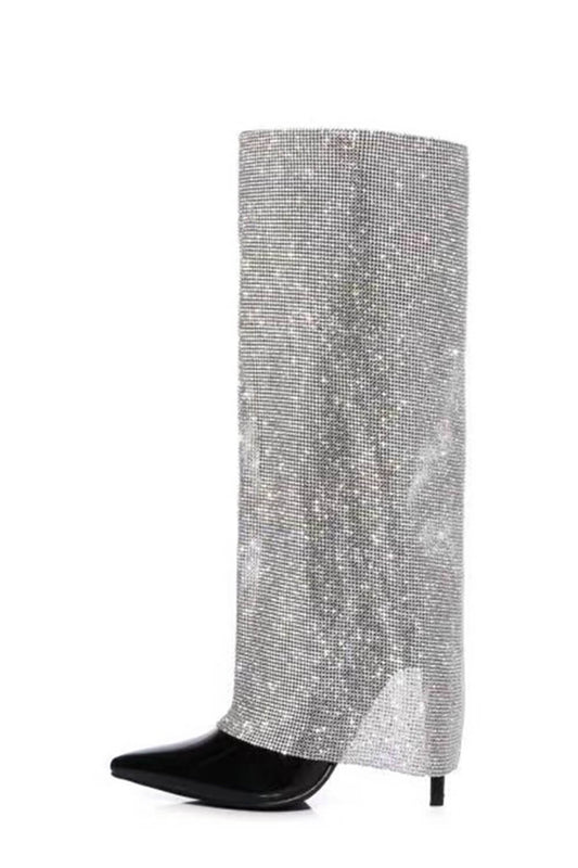 Rhinestone Mesh Overlay Pointed Toe Knee High Stiletto Boots - Black