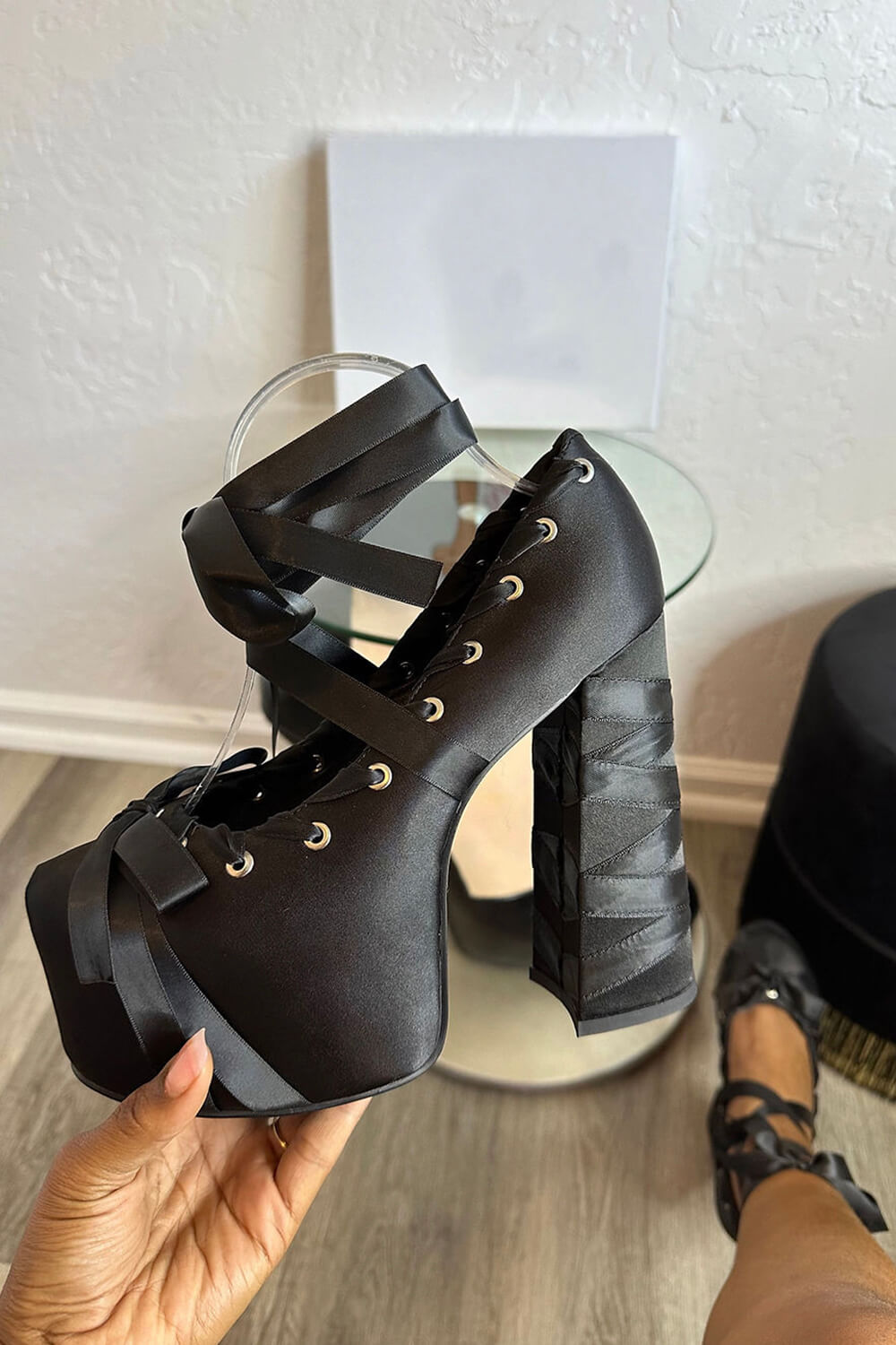 Ballerina Ribbon Wrap Around Lace Up Platforms Heels - Black