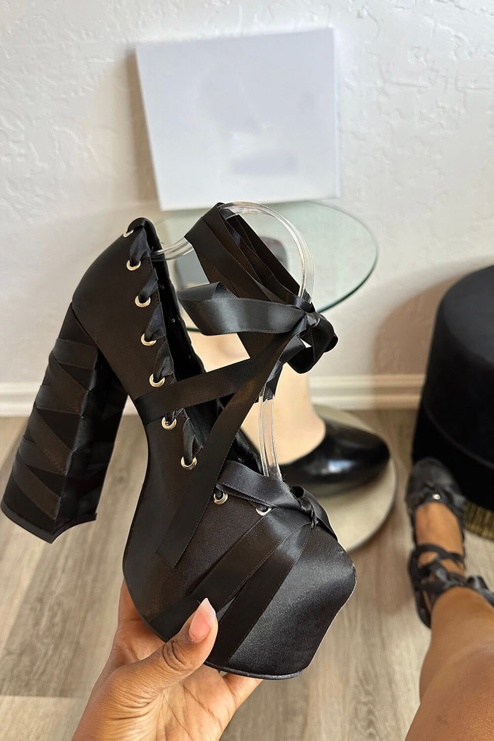 Ballerina Ribbon Wrap Around Lace Up Platforms Heels - Black