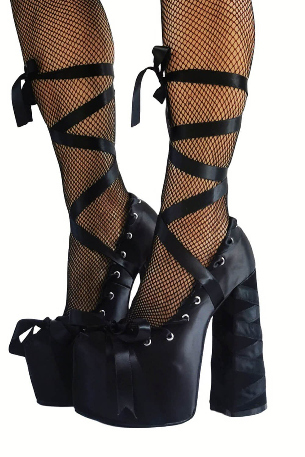 Ballerina Ribbon Wrap Around Lace Up Platforms Heels - Black