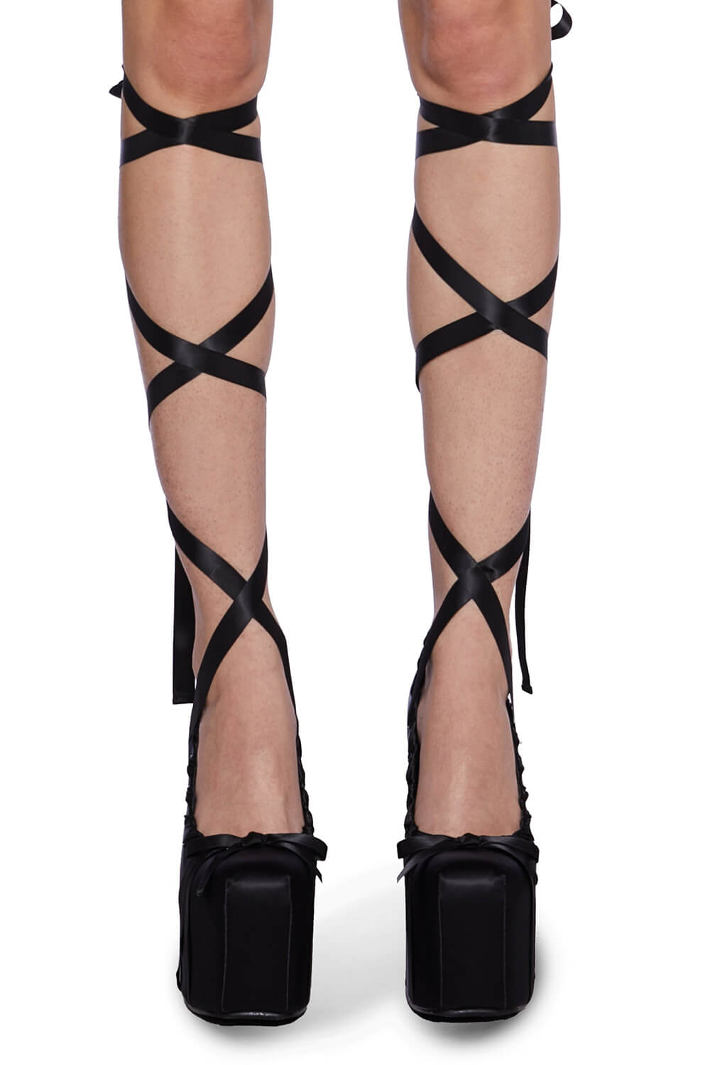 Ballerina Ribbon Wrap Around Lace Up Platforms Heels - Black