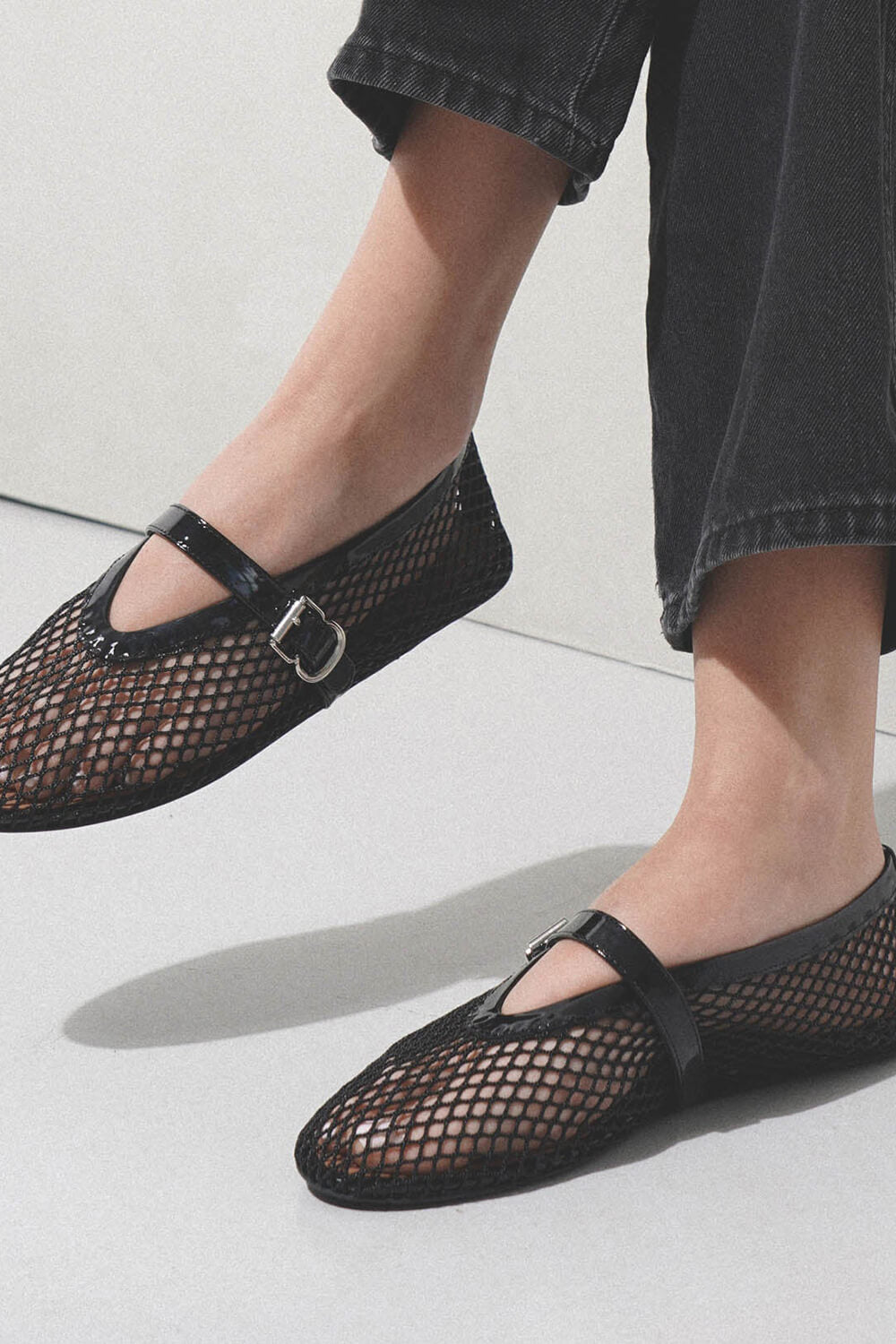 Faux Patent Leather Fishnet Mesh Ballet Flats - Black