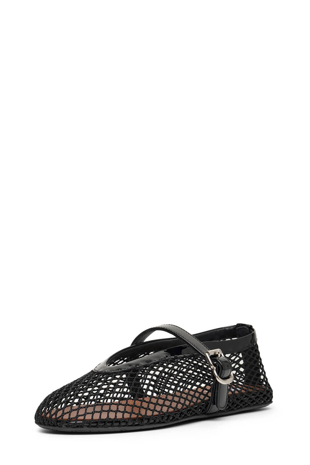 Faux Patent Leather Fishnet Mesh Ballet Flats - Black