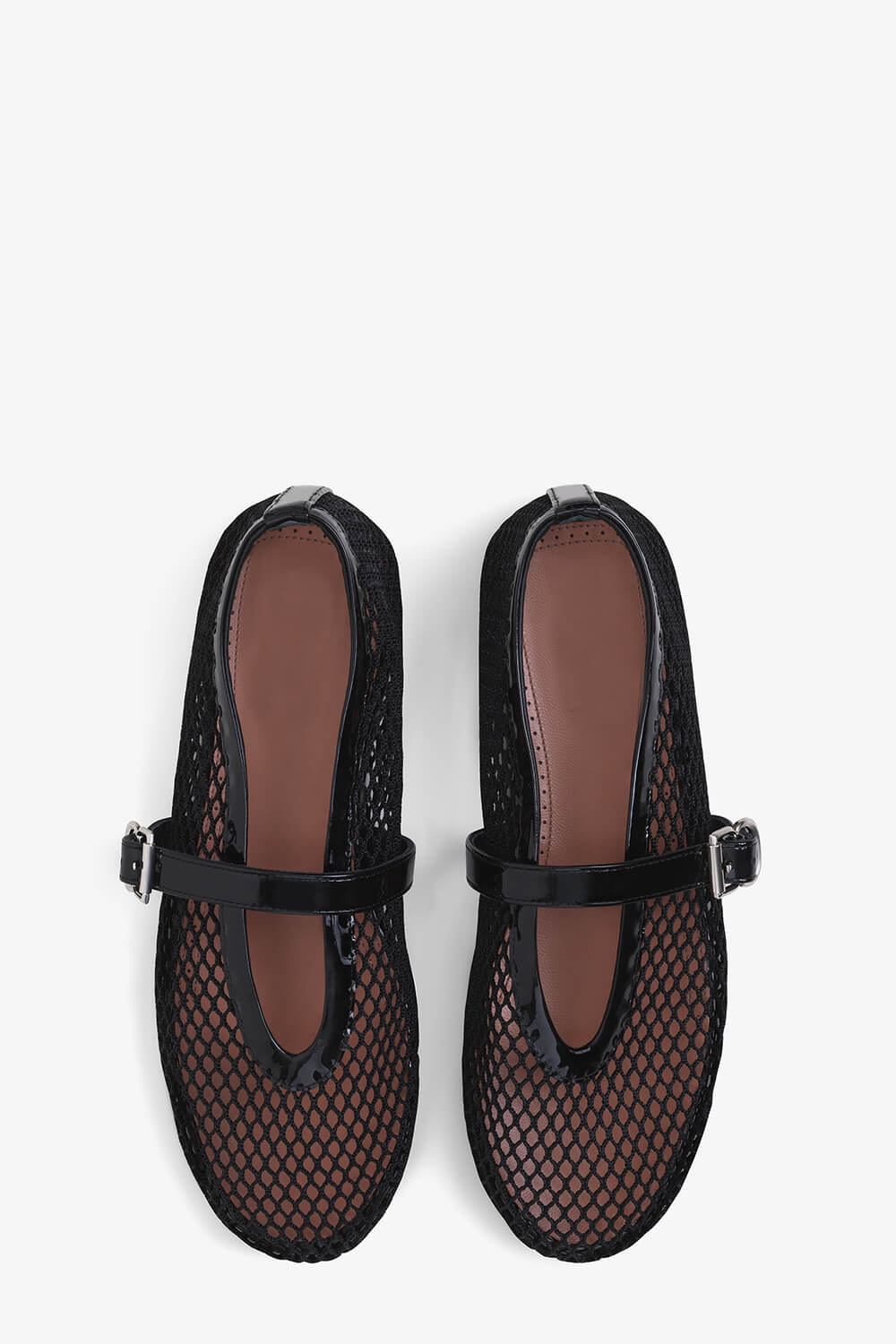 Faux Patent Leather Fishnet Mesh Ballet Flats - Black