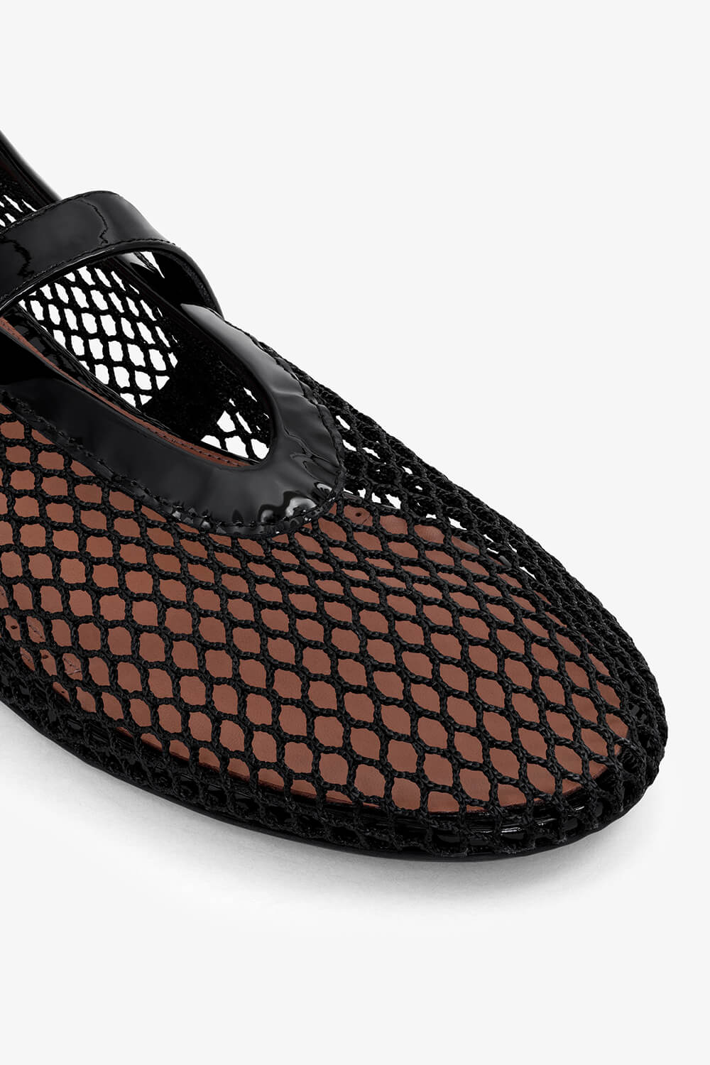 Faux Patent Leather Fishnet Mesh Ballet Flats - Black