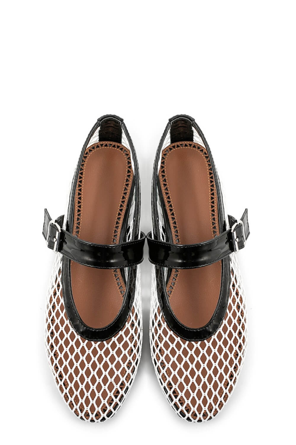Faux Patent Leather Fishnet Mesh Ballet Flats - White