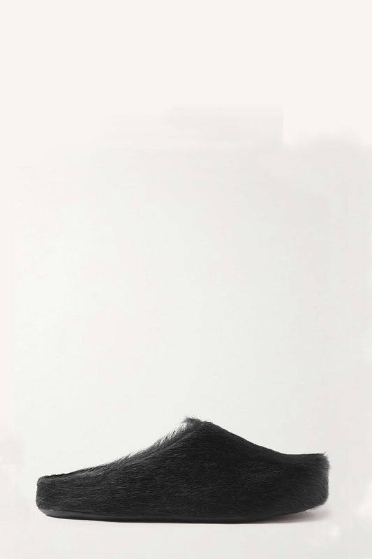 Long Hair Calf Leather Fussbett Slip-On Flat Clog - Black