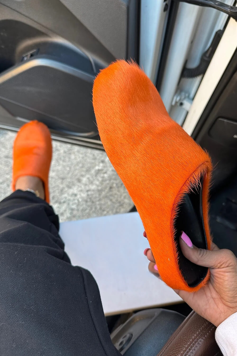 Long Hair Calf Leather Fussbett Slip-On Flat Clog - Orange