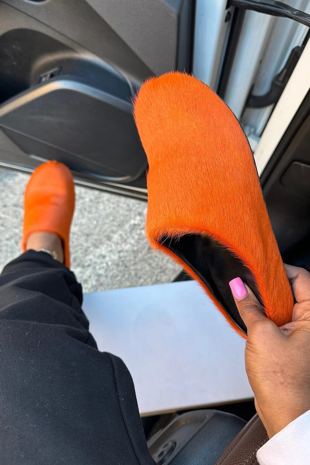 Long Hair Calf Leather Fussbett Slip-On Flat Clog - Orange