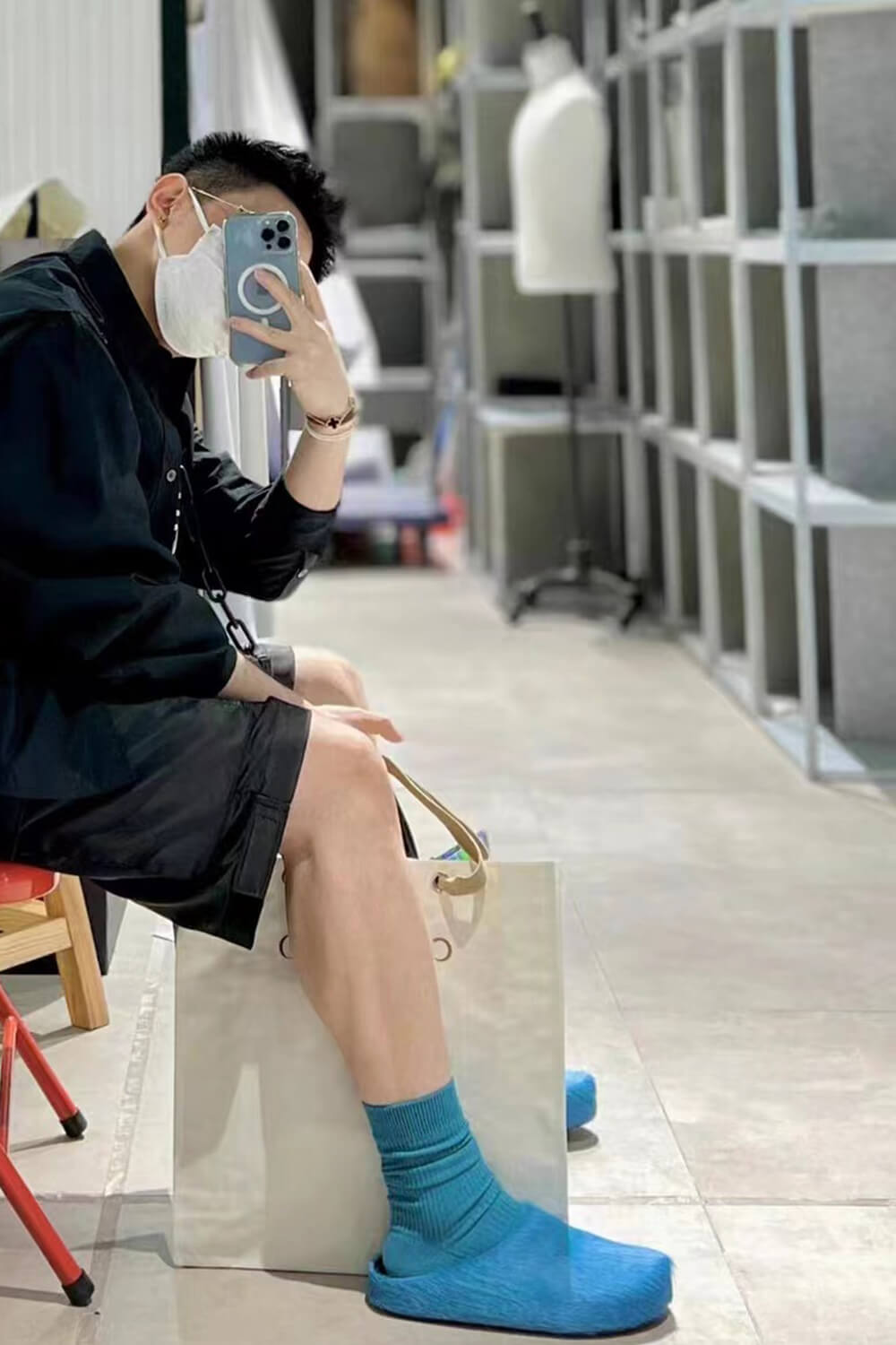 Long Hair Calf Leather Fussbett Slip-On Flat Clog - Cyan