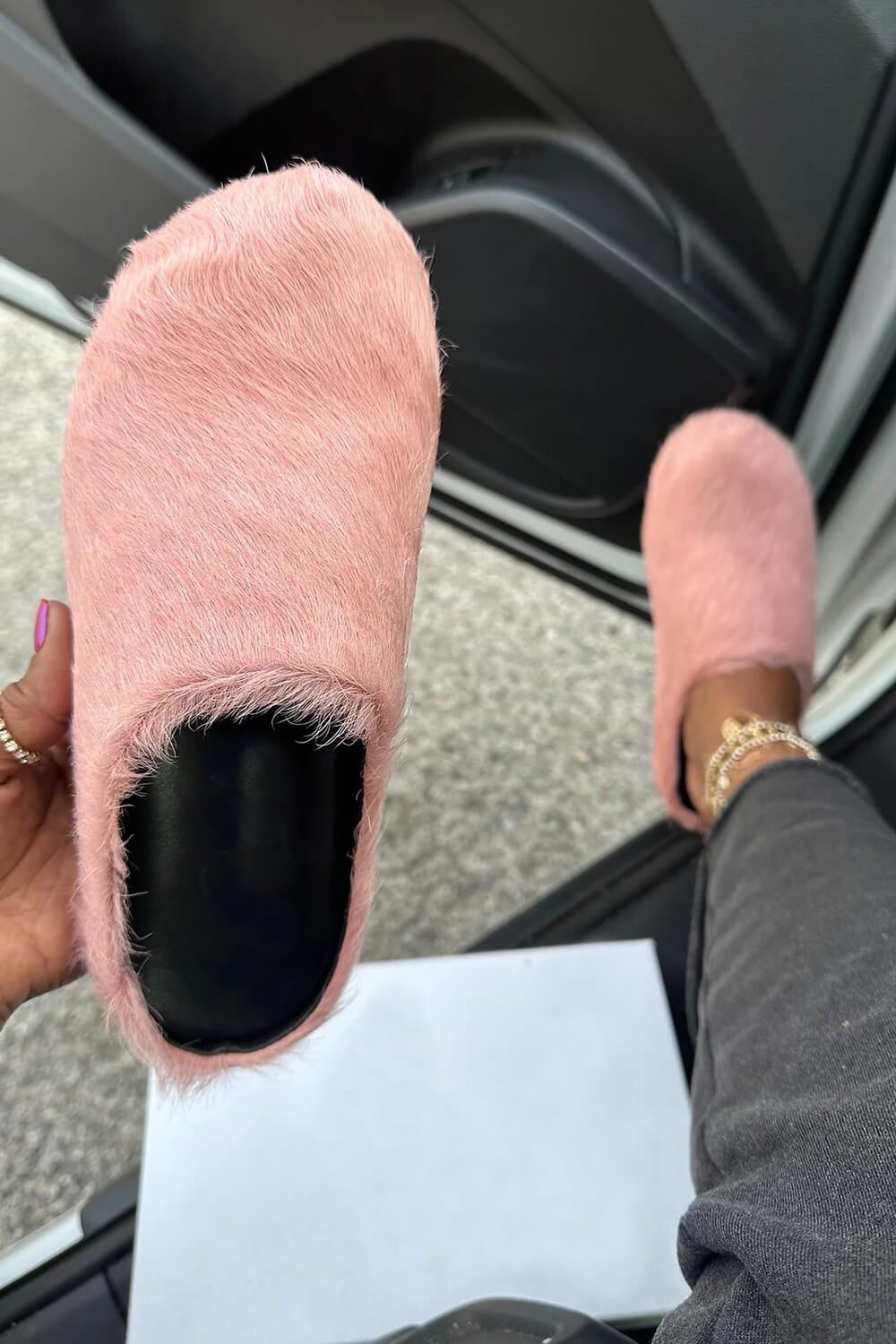 Long Hair Calf Leather Fussbett Slip-On Flat Clog - Pink