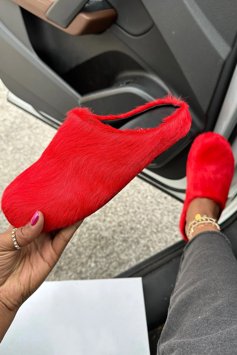 Long Hair Calf Leather Fussbett Slip-On Flat Clog - Red
