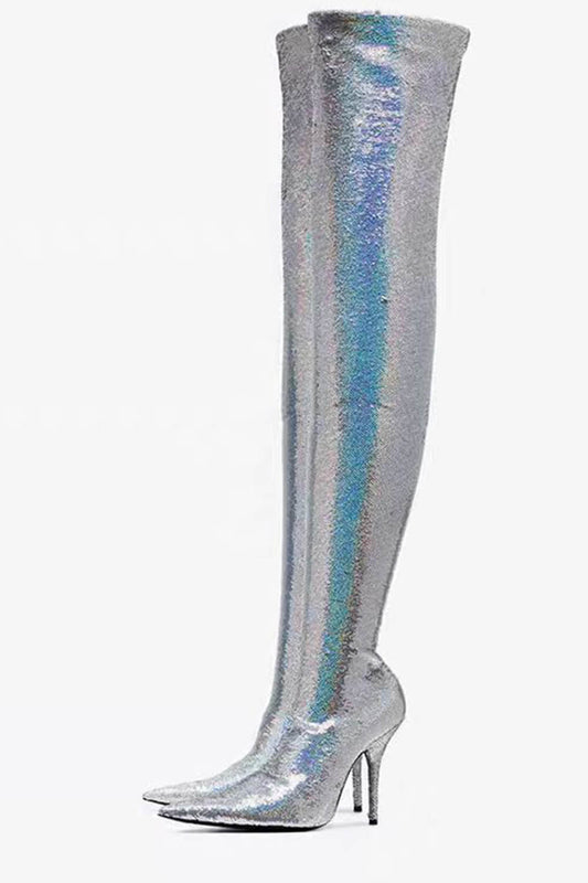 Sequins Pointed Toe High Heel Over The Knee Boots - Silver