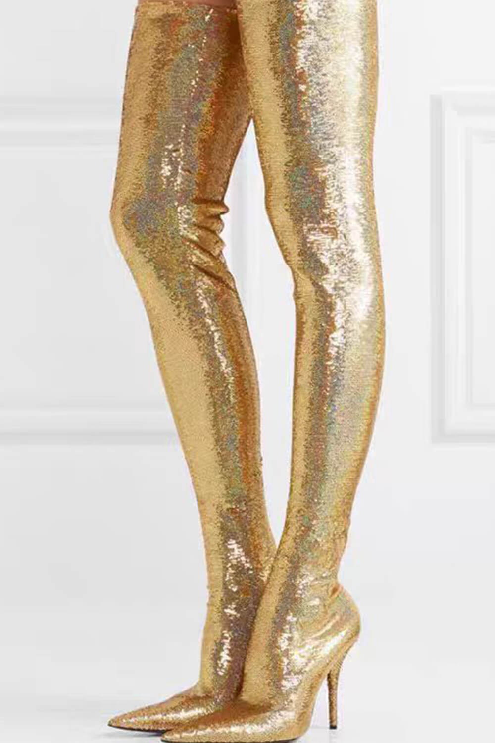 Sequins Pointed Toe High Heel Over The Knee Boots - Gold