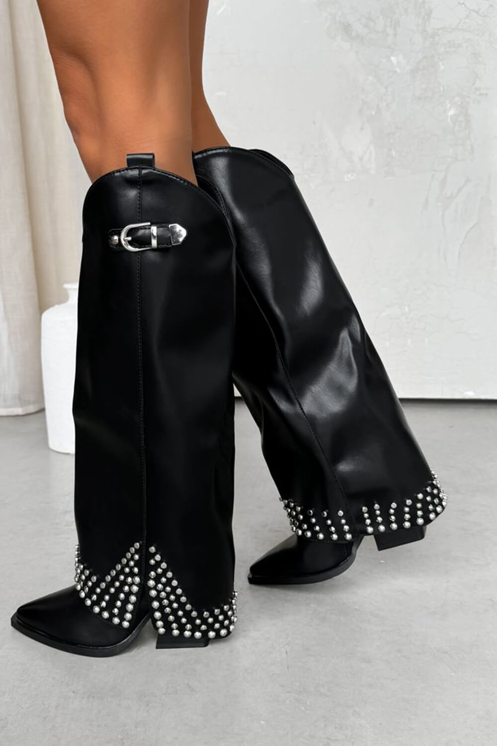 Faux Leather Studded Embellishment Fold Over Cowboy Western Boots - Black