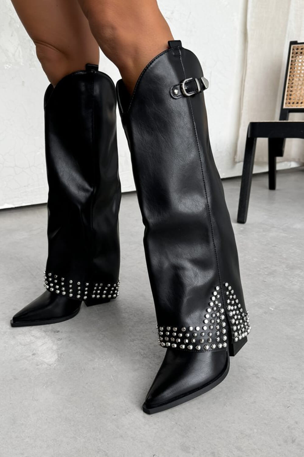 Faux Leather Studded Embellishment Fold Over Cowboy Western Boots - Black