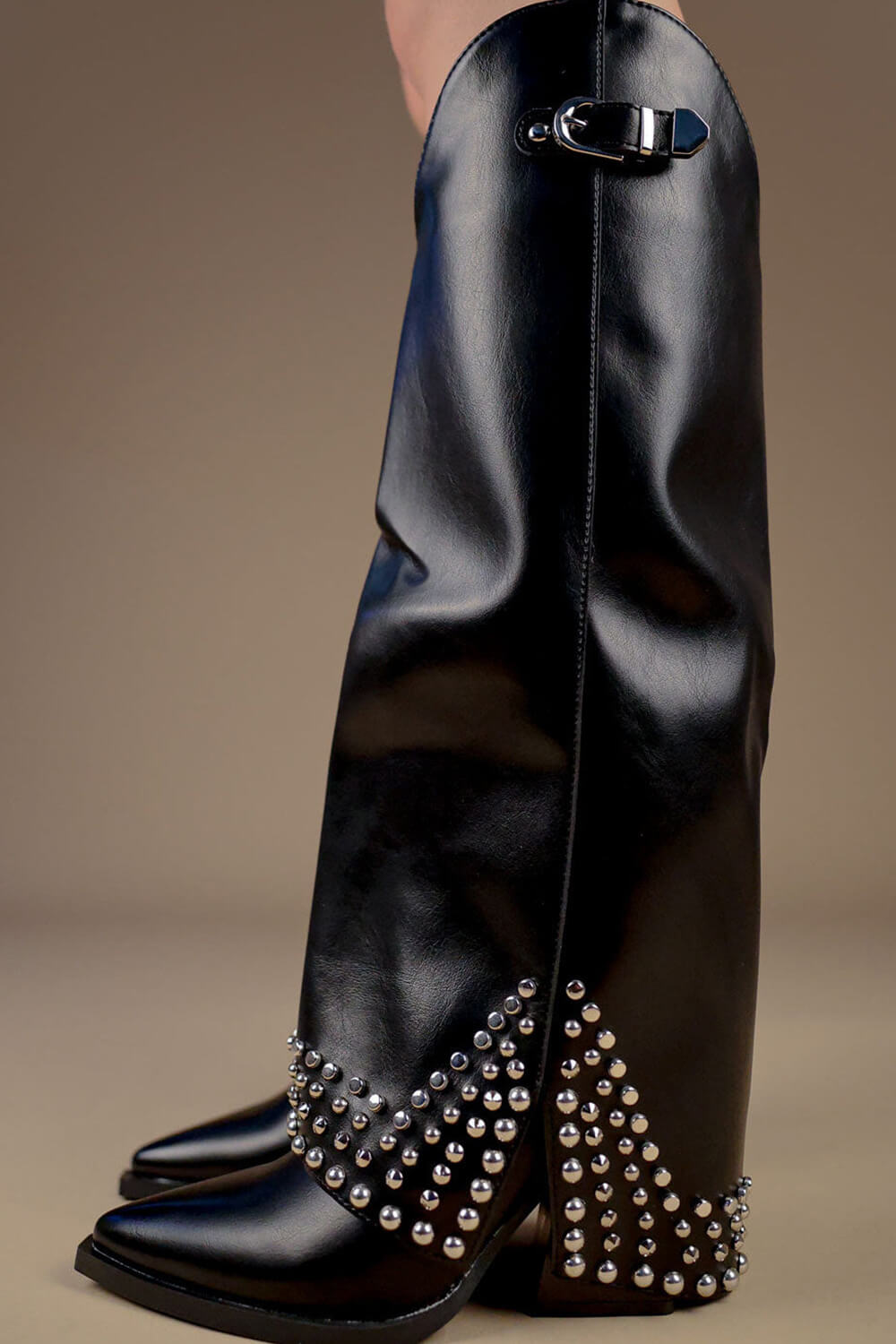 Faux Leather Studded Embellishment Fold Over Cowboy Western Boots - Black